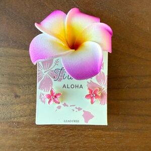 NWT - Set of Pink Flower Earrings and Pink/Yellow Plumeria Hair Clip